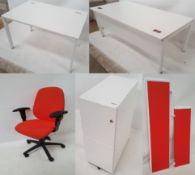 1 x Three White Office Desks Sets With Three Office Chairs, Three Pedestal & Two Desk Screen - Ref