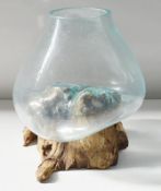 A Pair Of Large Artisan Clear Blown Glass Vases On A Reclaimed Wood Bases - Dimensions (approx): W25