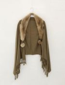1 x Steilmann Ladies Khaki Shawl Cardigan Which Features 2 Faux Fur Pom Pom's And Attached Built In