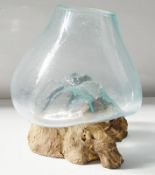 A Pair Of Large Artisan Clear Blown Glass Vases On A Reclaimed Wood Bases - Dimensions (approx): W25