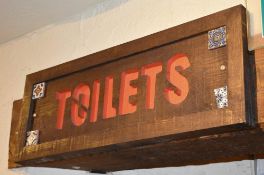 1 x Wooden Wall Mounted Toilet Sign With Mexican Themed Corner Tiles - 82 x 31 cms - CL461 -