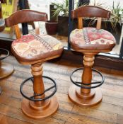 2 x Bar Stools With Wooden Column Pedestals, Full Circle Footrests, Cushioned Seats and Back Rests -