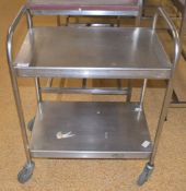 1 x Two Tier Stainless Steel Trolley With Undershelf, Castors and Handles - H78 x W73 x D48 cms -