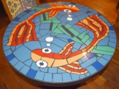1 x Bespoke Mosaic Dining Table - Swimming Fish - Round Table With Mosiac Tiled Top and Cast Iron Ba