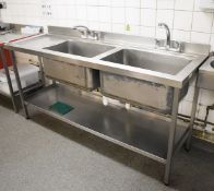 1 x Commercial Kitchen Wash Stand With Two Large Sink Basins, Anti Drip Surface, Small Drawer, Mixer