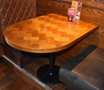 3 x Parquet Design Restaurant Dining Tables With Round End and Cast Iron Bases - H76 x W75 x D64 cms