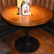 3 x Round Restaurant Dining Tables With Brown Panelled Effect Top and Cast Iron Bases - H76 x W100 c