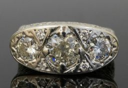 18CT Gold Vintage Diamond 1.60CT Three Stone Signet Ring (Size P 1/2) Circa.1976