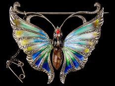 c1950 Sterling Silver Enamel Marcasite Butterfly Brooch