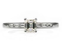 18CT White Gold Emerald Cut Solitaire Diamond W/Accents (0.70CT) Ring (Size M)