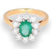 18Carat Yellow Gold Emerald (1.25ct) & Diamond (1.0ct) Cluster Ring (14mm)Size P