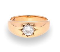 Antique 1902 18Ct Yellow Gold 0.80ct Diamond Gypsy Signet Ring (Size R) 6mm Head