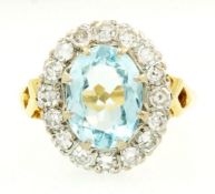 18 Carat Yellow Gold Aquamarine & Diamond Cluster Ring (Size N 1/2) 15x13mm Head