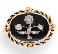 15 Carat Yellow Gold Black Enamel Old Cut 1.00ct Diamond Mourning Brooch 45x55mm