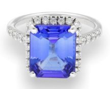 18Carat White Gold 5.15ct AAA Tanzanite & Diamond Halo Solitaire Ring (Size M)