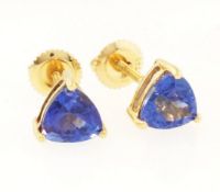 18 Carat Yellow Gold Tanzanite(2.00ct) Trillion Cut Stud Earrings-Screw Backs