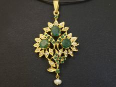 18Carat Yellow Gold Emerald(3.00ct) & Seed Pearl Flower Design Pendant (25x40mm)