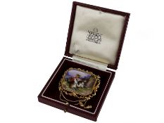 c1830 Swiss Painted Porcelain on Gold Child & St Bernard Brooch