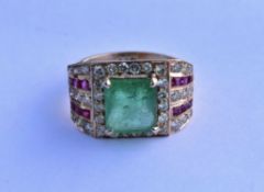Emerald Diamond & Ruby Ring 14k