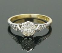 Antique 18ct Yellow Gold Diamond(0.75ct) Solitaire w/Accents Ring (Size K 1/2)