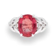 18 Carat White Gold 4.28ct Ruby Solitaire w/ Diamond Accents (Size K) 9x11mm Head