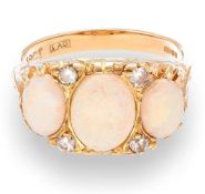 Vintage 18Ct Yellow Gold Three-Stone Opal & Diamond Ring (Size O 1/2)