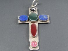 Rare Large Vintage Art Deco Silver & Agate Pendant Cross 1929 Arts & Crafts