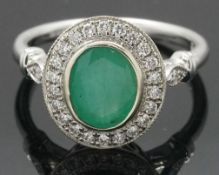 18Carat White Gold Emerald & Diamond Halo Cluster Ring (Size M 1/2) 11x13mm