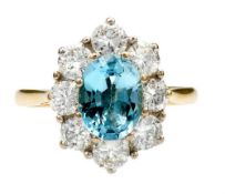18Carat Yellow Gold Aquamarine & Diamond Flower Cluster Ring (Size M)