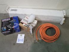 Assorted items: 2 x spray guns, LPG Gas Pipe, reel of Car covers in box - see photo