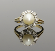 18ct Yellow Gold Cultured Pearl and Diamond Ring