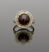 Edwardian Cabochon Garnet & Diamond Cluster Ring