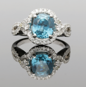 14ct White Gold Cushion Cut Zircon & Diamond Cluster Ring