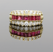 18ct Yellow Gold & Ruby Diamond 3 Row Cluster Ring