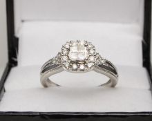 9ct White Gold Diamond Princess & Brilliant Cut Cluster Ring 0.45ct Size O