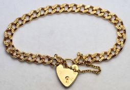 Vintage 9ct Yellow Gold Patterned Charm Curb Bracelet Heart Padlock 7