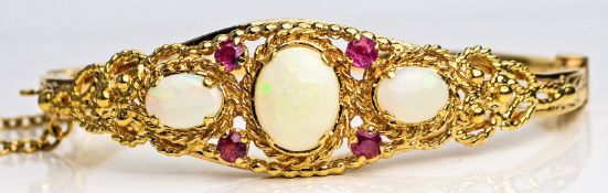 Vintage 9ct Yellow Gold Opal & Ruby Ornate Hinged Bangle / Bracelet