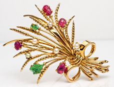 18ct Yellow Gold Ruby Emerald & Pearl Set Wheat Sheaf Harvest Brooch / Pin