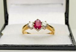 18ct Yellow Gold Ruby & Diamond Three Stone Claw Set Ring Size L 1/2