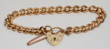 Vintage 9ct Yellow Gold Curb Link Charm Bracelet Heart Padlock 7