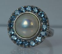 Platinum, Pearl and Aquamarine Cluster Ring