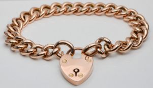 Antique Edwardian 9ct Rose Gold Curb Link Charm Bracelet Heart Padlock 8