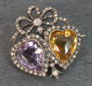 Victorian 18ct Gold Amethyst Citrine & Old Cut Diamond Two Hearts Brooch