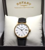 Rotary Men's 9ct Gold Black Leather Strap Roman Date Watch Unworn Boxed