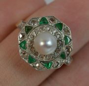 LOT WITHDRAWN | Pearl Emerald and Diamond Panel Cluster Ring