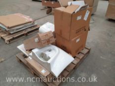 Various sink taps, pedestals, sinks on pallet