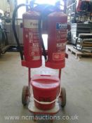 Double fire extinguisher trolley with rotary alarm hand bell