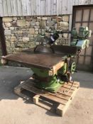 smith turret saw with power feed & extension table/5 hp motor/saw spins fully for easy use