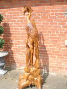 LARGE SOLID WOOD 7FT TALL HANDCARVED WOODEN HERON FIGURE