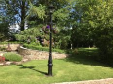 12FT TALL ORNATE BLACK CAST IRON LAMPOST WITH LADDER BAR AND GLAZED CAST MATCHING TOP